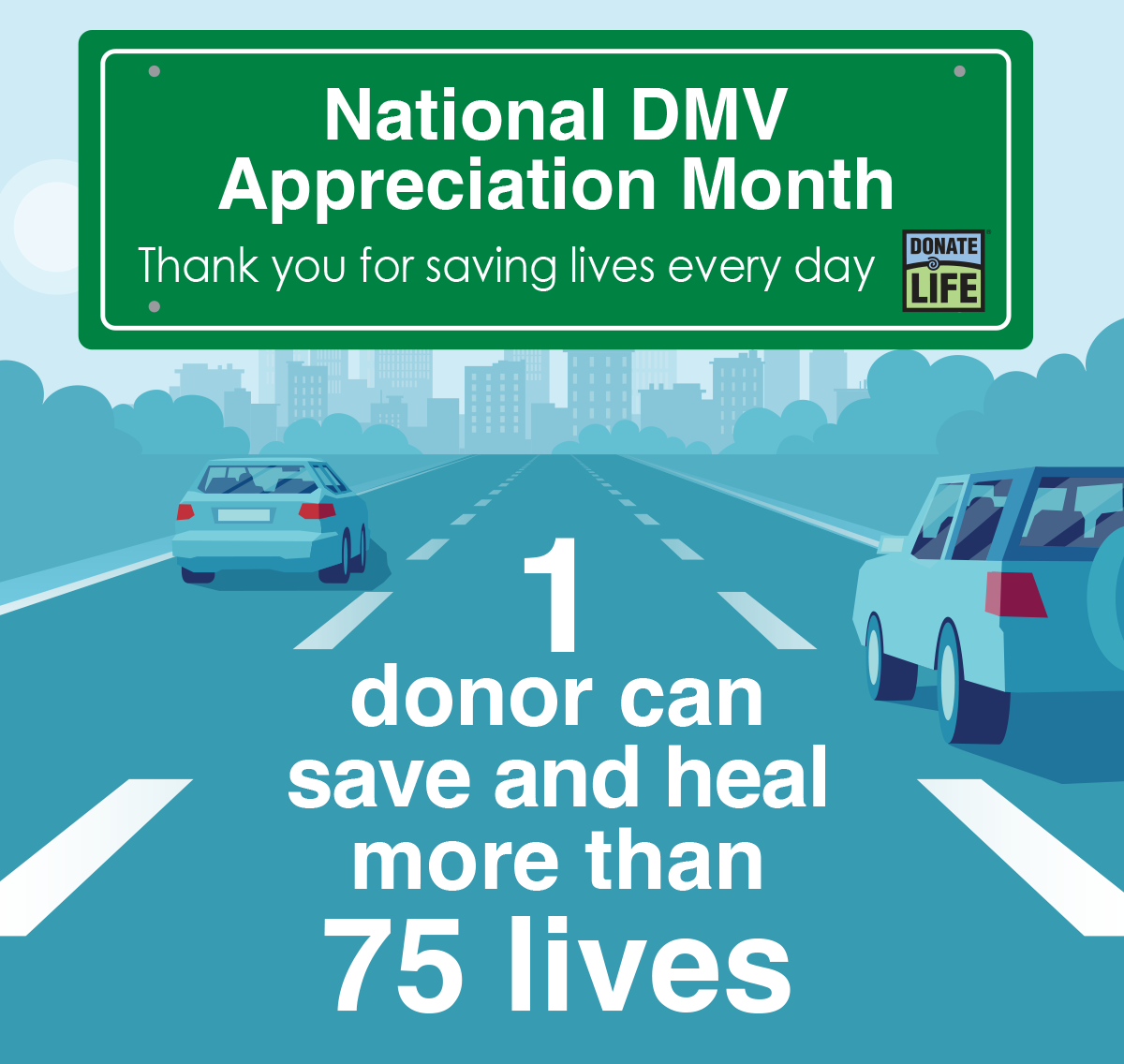 image of two cars driving on highway towards city scape of buildings with green street sign that reads national dmv appreciation month thank you for saving lives every day with donate life logo 1 donor can save and heal more than 75 lives