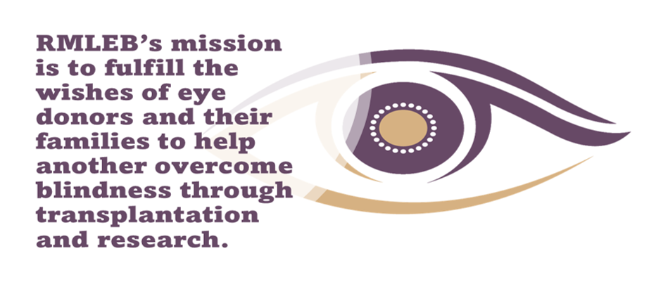 A purple and tan stylized graphic of an eye with overlay that reads 'RMLEB's mission is to fulfill the wishes of eye donors and their families to help another overcome blindness through transplantation and research.