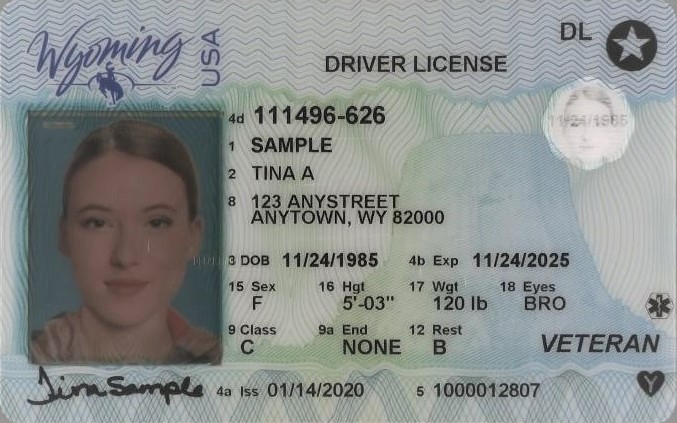 Wyoming driver license with donation symbol black heart with white y inside Donate Life Wyoming