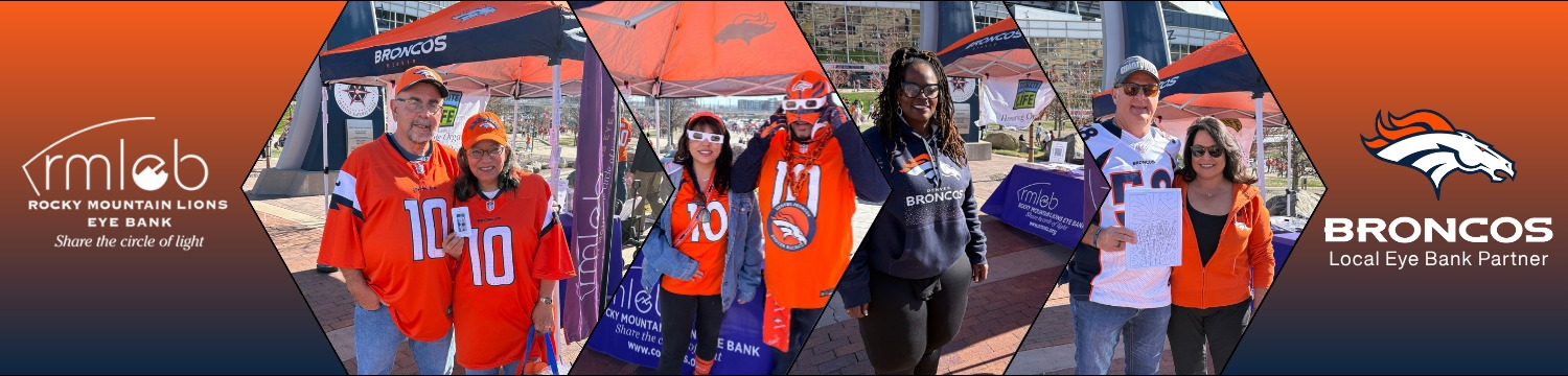 Rocky Mountain Lions Eye Bank logo and Miles mascot from the Denver Broncos and Denver Broncos local eye bank partner logo header