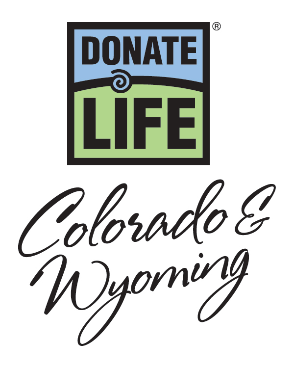 The green and blue text-art logo for the Donate Life program for Colorado and Wyoming being used as a button to the group's website