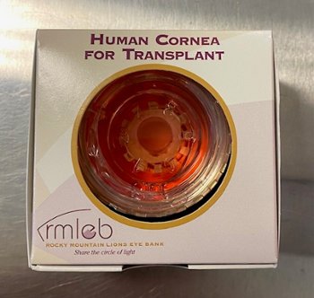 human cornea for transplant in a shipping box from the Rocky Mountain Lions Eye Bank 