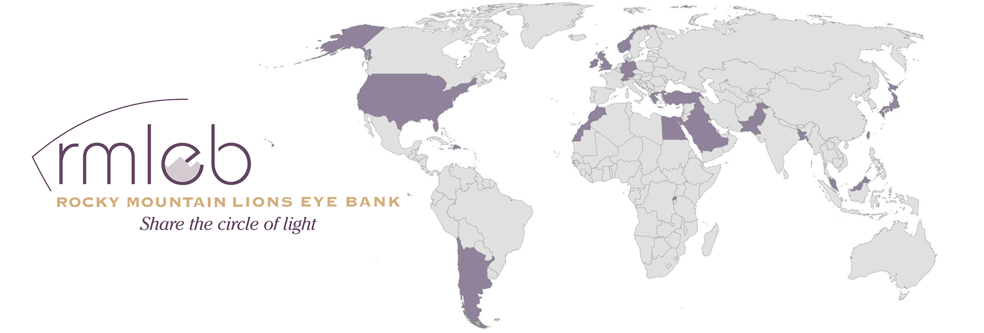 World map showing 22 different countries highlighted in purple. Beside the map is the RMLEB logo.