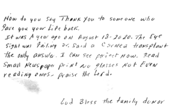 letter from cornea transplant recipient thanking donor family for their loved ones donation that restored their sight
