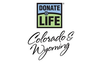 A text graphic including the blue and green logo for Donate Life. Cursive-like font under the logo read: Colorado and Wyoming