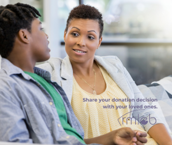 mother and son talking share your donation decision with your loved ones Rocky Mountain Lions Eye Bank logo