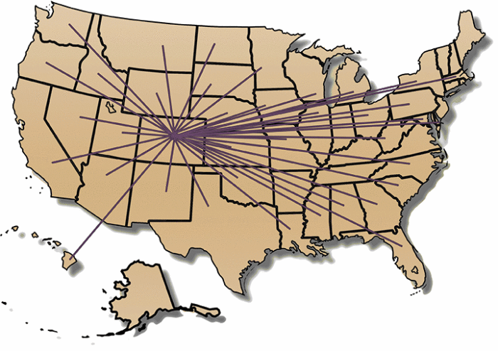 Map of the United States with lines protruding from Denver, Colorado to various cities in the US to depict where Rocky Mountain Lions Eye Bank distributes eye tissue.